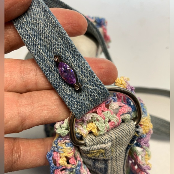 Handmade Upcycled Denim Purse, Shoulder Strap, Doilie Flap Cover - Picture 4 of 5